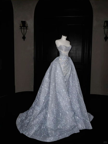 Glitter Strapless Blue Tulle Sequins A Line Prom Dress Evening Dress,Formal Wedding Dress Y8676