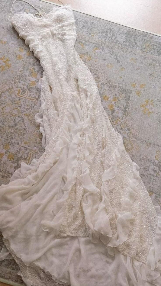 Shiny White Spaghetti Straps Chiffon Sequin Beaded Mermaid Slit Party Dress Long Prom Gown SP2703