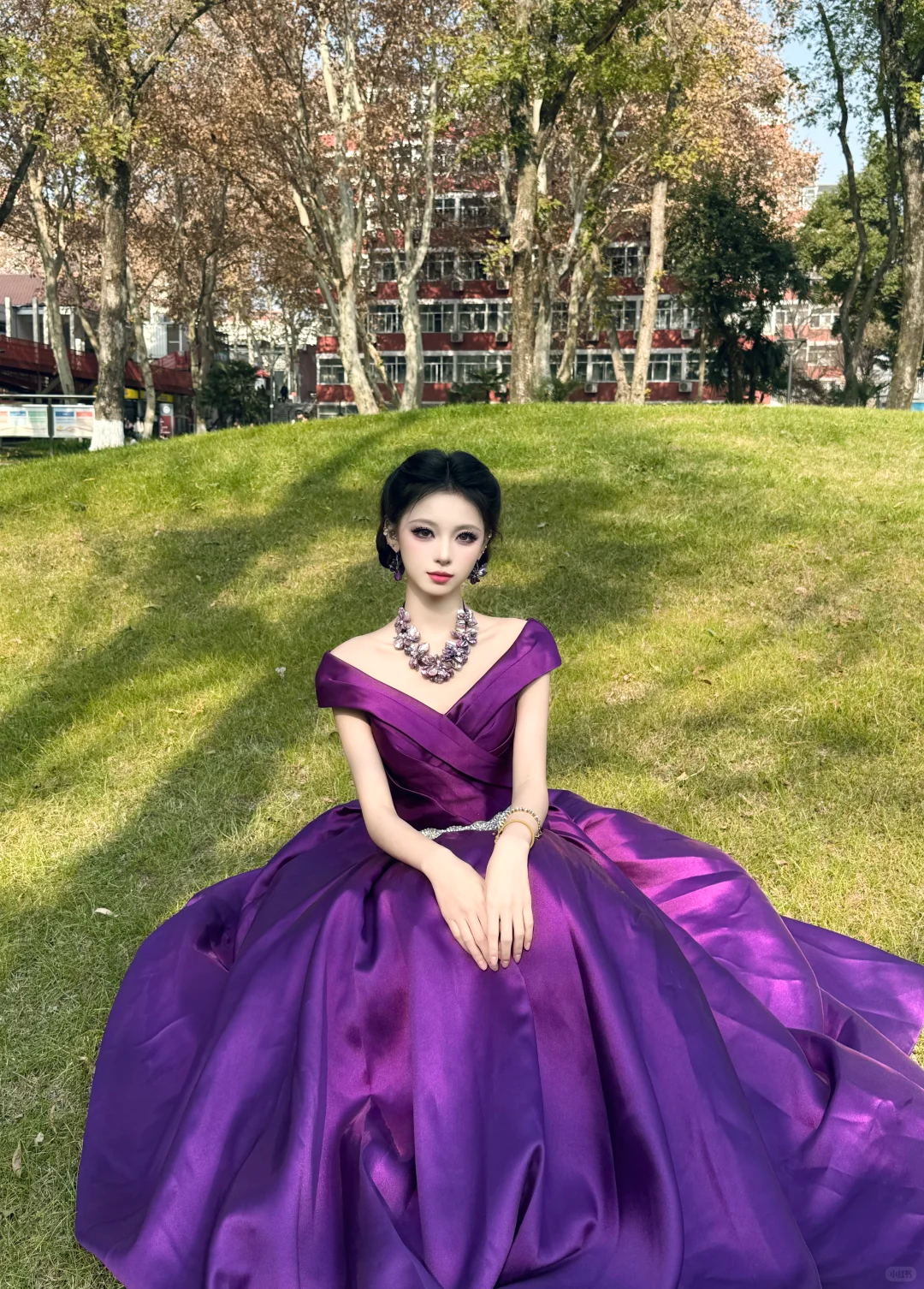 Gorgeous Off The Shoulder Ball Gown Purple Satin Beaded Long Party Dress Prom Gown SP2068