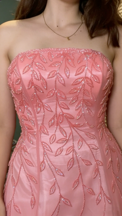 Pretty Strapless Pink Tulle Beaded Mermaid Long Party Dress 20th Birthday Dress SP2052