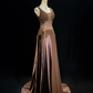 Vintage Brown Satin Chiffon Beaded Mermaid Long Party Dress Birthday Prom Dress SP1860