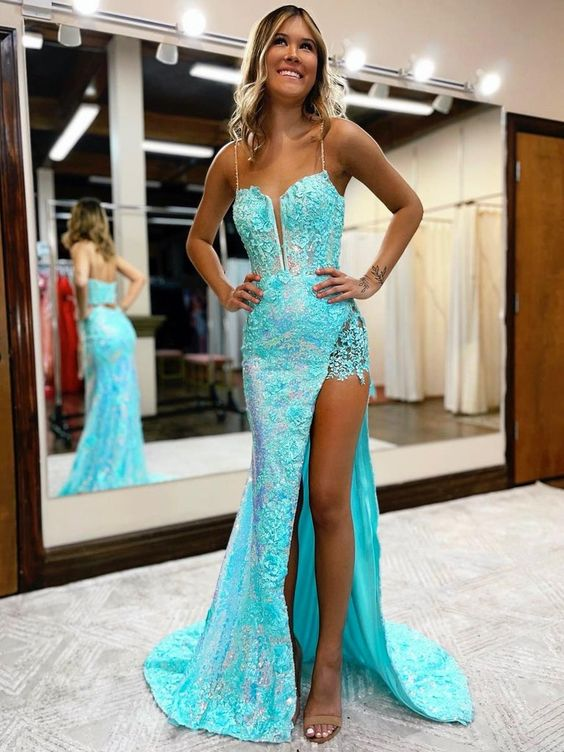 Mermaid/Trumpet Prom Dress High Slit Dress Formal Court Train Sleeveless V Neck Sequin with Slit Appliques Y6090