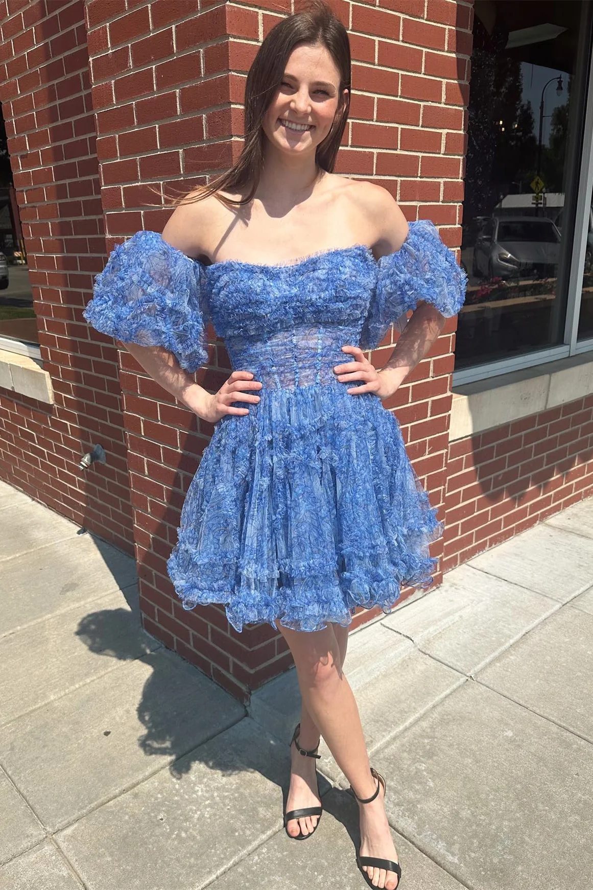 Blue Puff Sleeves Ruffles A-line Prints Homecoming Dress Y2714