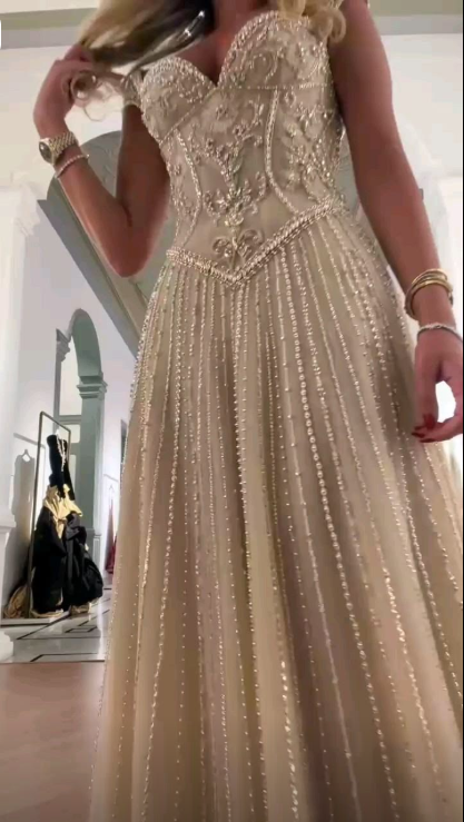 Gorgeous V Neck Tulle Beaded A Line Evening Dress Long Party Dress SP4264