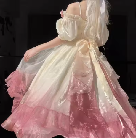 Roses Flowers Masquerade Prom Dress Pink Gradient Floral Wedding Dress Vintage Princess Dress with Pearls Y2401