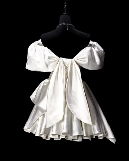 Classy White Satin A Line Short 9th Grade Homecoming Dress,Off The Shoulder Mini Cocktail Dress SP3488