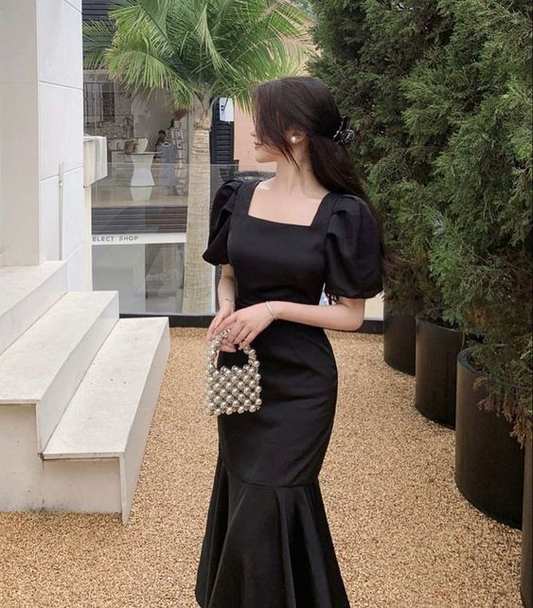 Puff-Sleeve Square-Neck Mermaid Dress,Vintage Black Mermaid Prom Dress Y3039