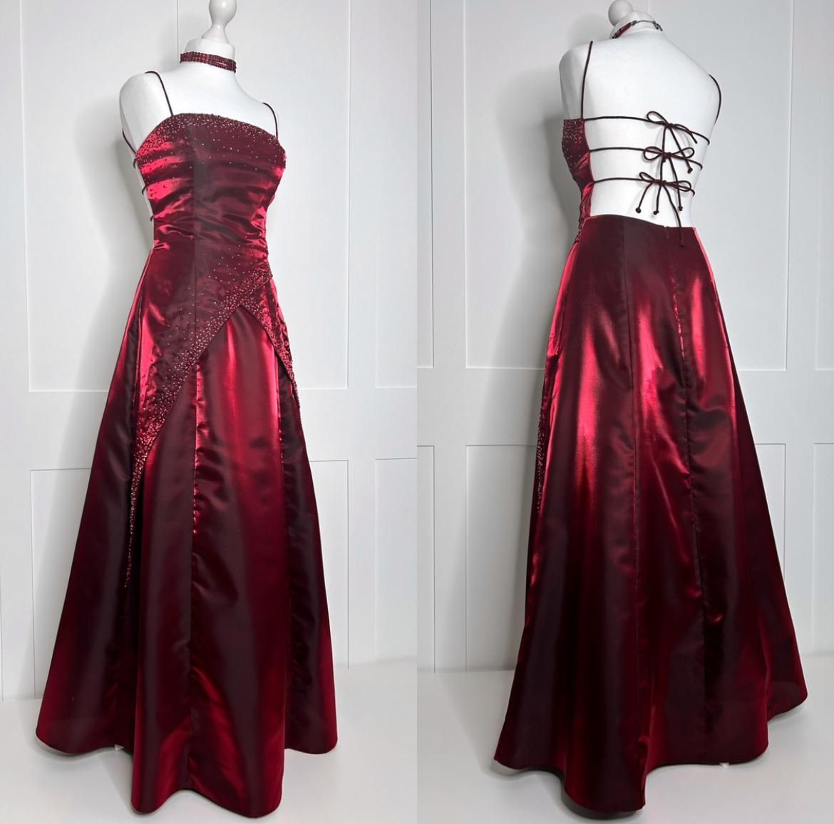 Pretty Spaghetti Straps Burgundy Satin Beaded A Line Long Party Dress Backless Prom Dress SP2249
