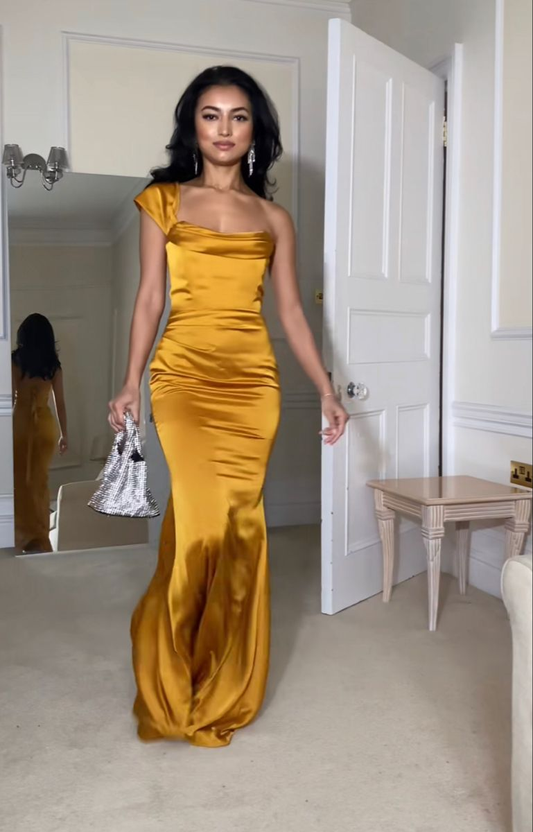 Stylish Yellow One Shoulder Satin Mermaid Long Party Dress Birthday Prom Dresses SP2146