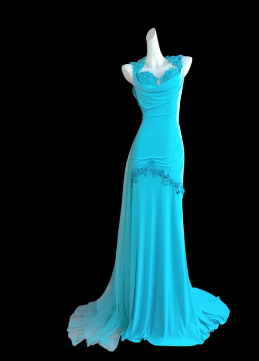 Elegant Blue Chiffon Beaded Appliques Mermaid Party Dress Long Prom Dress SP345