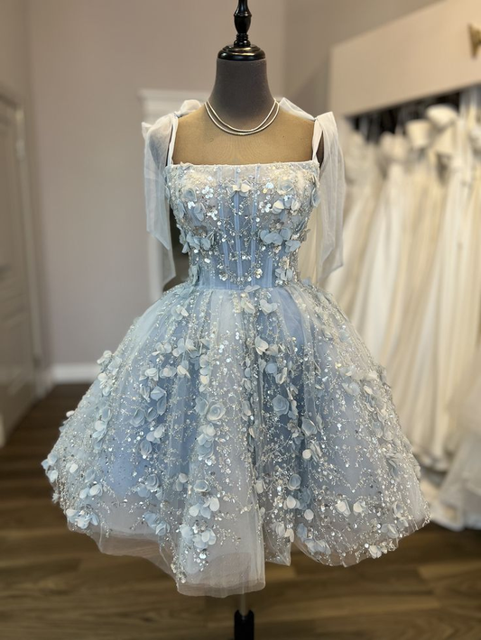 Elegant Spaghetti Straps Tulle Sequin Appliques Short 17th Birthday Outfits,Blue Graduation Homecoming Dress SP2789