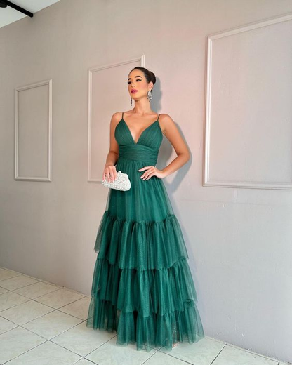 Elegant A-line V Neck Tulle Tiered Prom Dress,Formal Graduation Dresses  Y5590