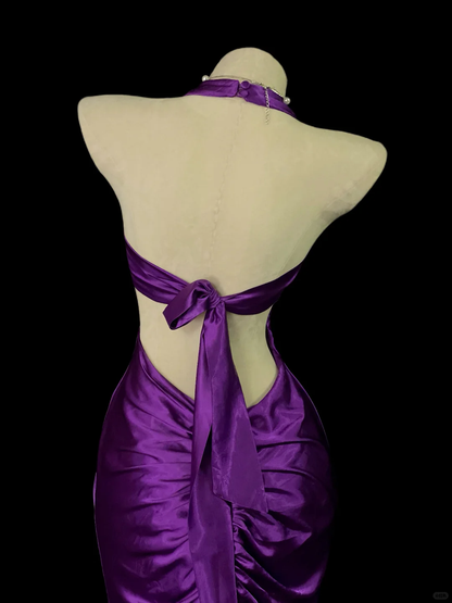 Pretty Halter V Neck Satin Pleated Long Evening Gown,Purple Mermaid Long Party Dress Prom Dresses SP4045