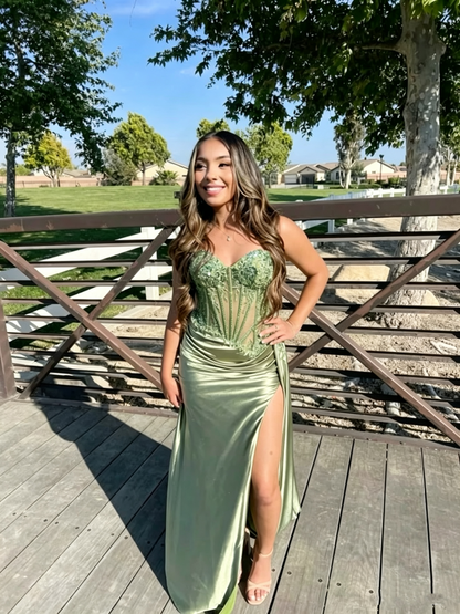 Elegant Sage Green Satin Appliques Beaded Mermaid Slit Long Party Dress Spaghetti Straps Long Wedding Guest Dress SP3721
