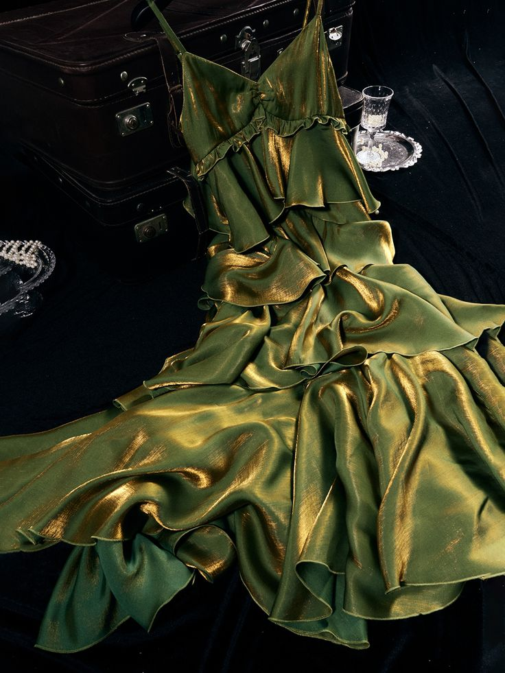 Vintage Green Tiered Flounce Long Prom Dress Party Evening Gown Y7548