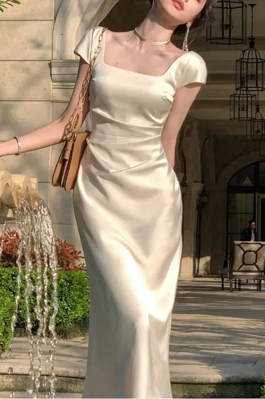 Elegant Square Neck Long Party Dress Beige Satin Mermiad Prom Evening Dress Y7576