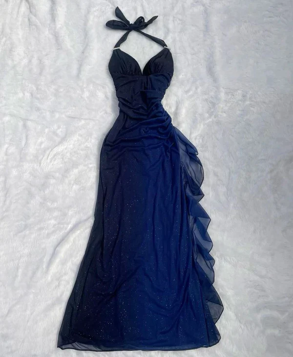 Sexy Halter Ombre Navy Blue V Neck Chiffon Long Prom Dress Party Evening Gown Y7486