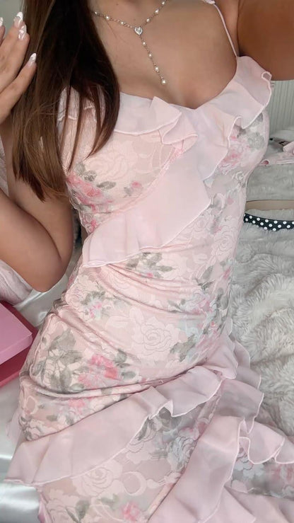 Pretty Spaghetti Straps Pink Chiffon Floral Ruffles Long Party Dress Evening Gown SP4156