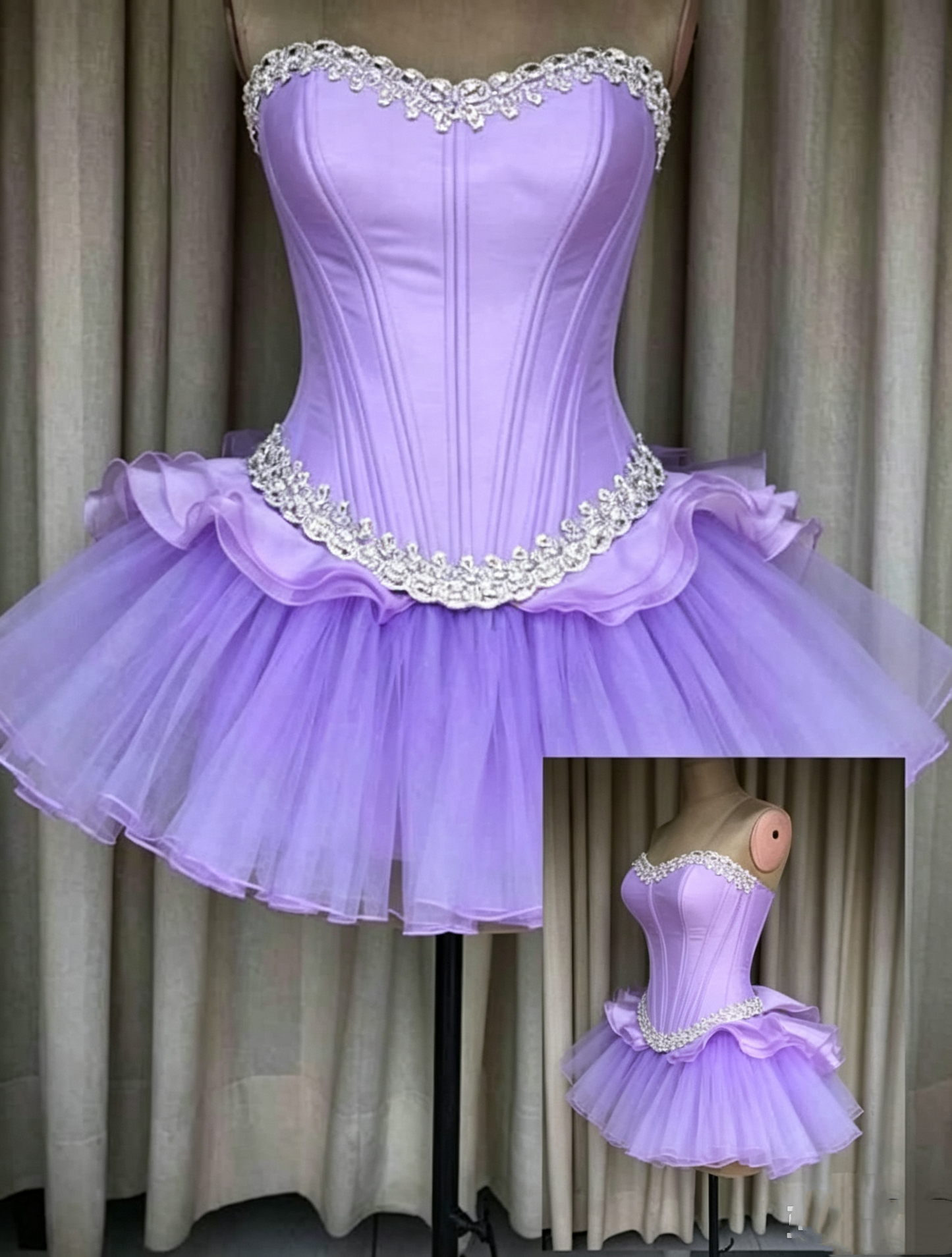 Glamorous Purple Strapless Satin Tulle Beaded A Line Short Graduation Homecoming Dress,Mini Prom Dress SP3575