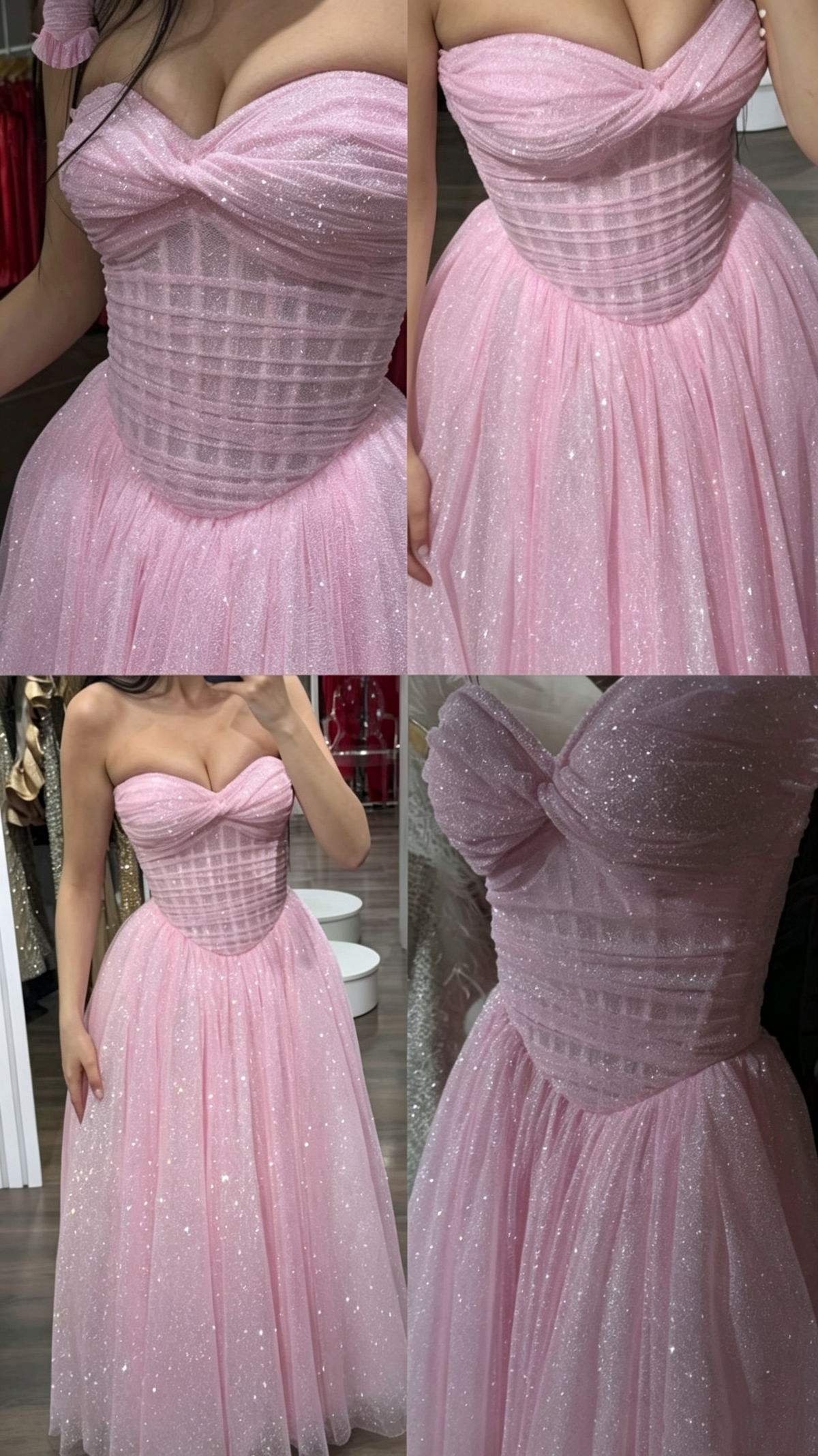 Shiny Sweetheart Neck Tulle Sequin A Line Long Wedding Guest Dress Pink Long Party Dress SP3742