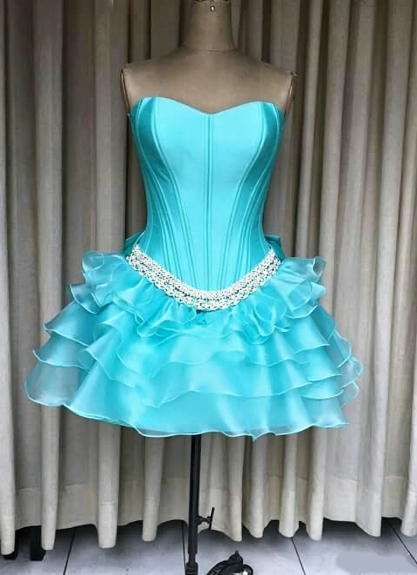 Charming Strapless Blue Satin Tulle Beaded Short Homecoming Dress Birthday Dress SP3574