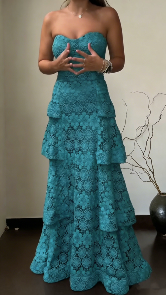 Pretty Strapless Green Lace Layered A Line Long Party Dress Birthday Prom Dress SP1559