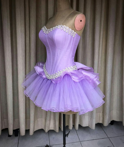 Glamorous Purple Strapless Satin Tulle Beaded A Line Short Graduation Homecoming Dress,Mini Prom Dress SP3575