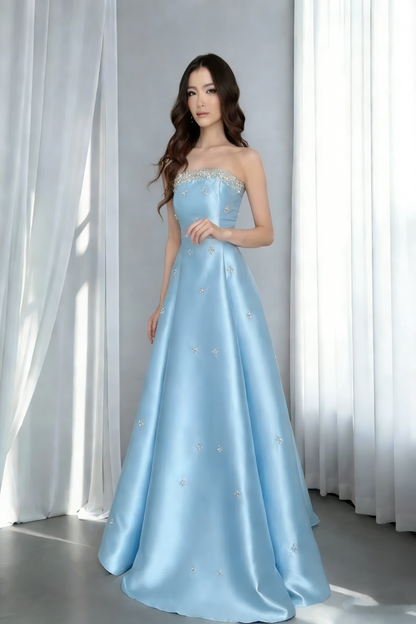 Gorgeous Golden Satin Beaded Strapless Evening Dress Long Party Dress SP1726