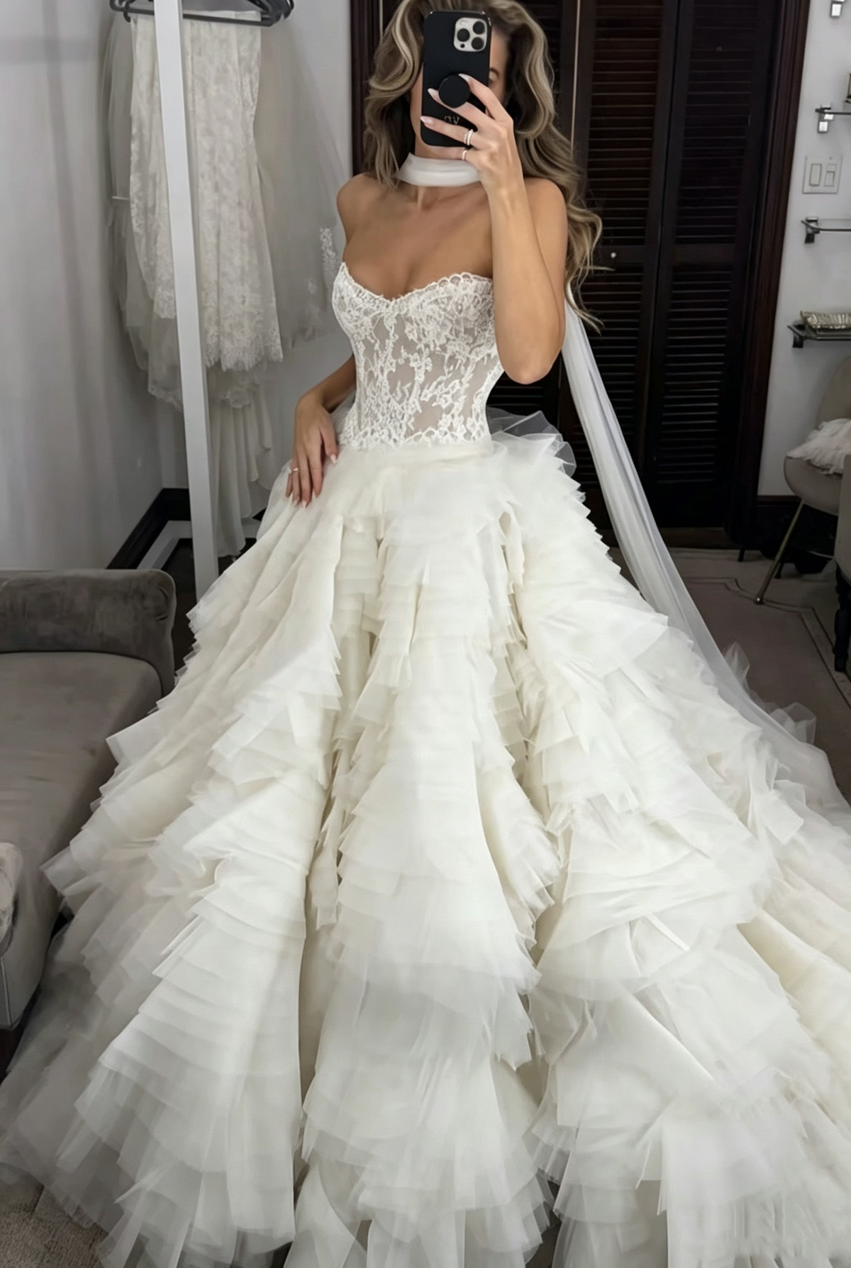 Pretty Sweetheart Neck White Tulle Lace Long Wedding Dress Bridal Gowns SP3625