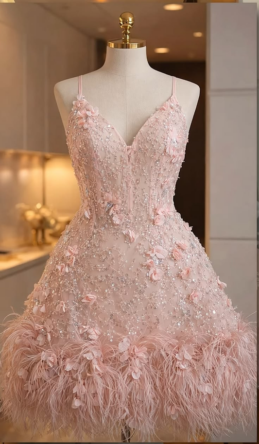 Gorgeous Spaghetti Straps Pink Satin Sequin Floral Short Homecoming Dress Mini Birthday Dress With Feathers SP3646