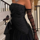 Sexy Strapless Puffy Tulle Prom Dress Black Evening Dress With Gloves Y7631