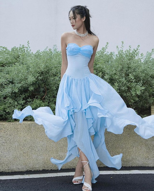 Elegant Blue Strapless Irregular Chiffon Party Prom Dress,Sweetheart Evening Gown Y8223