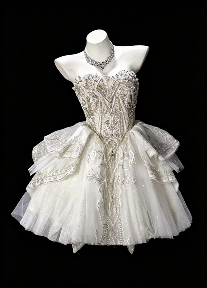 Pretty Strapless White Tulle Beaded A Line Short 8th Grade Homecoming Dress,Formal Mini 15th Birthday Outfits SP3164