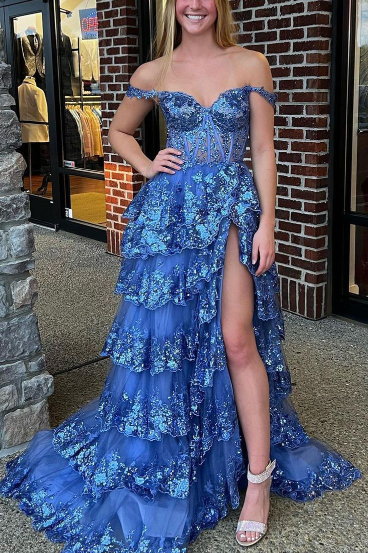 Modern A Line Off the Shoulder Blue Tulle Long Prom Dress With Sequin Lace Y6612