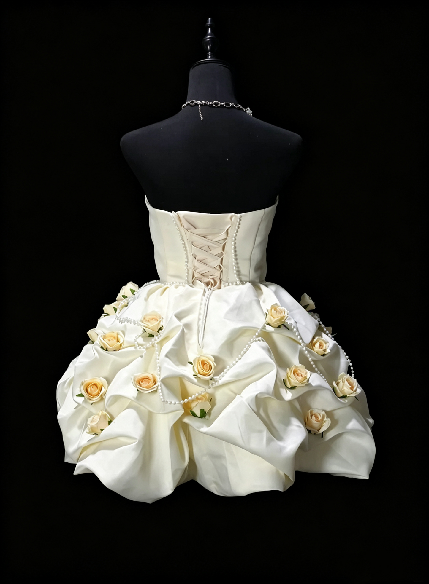 Cute Off White Strapless Satin Pleated A Line Short Graduation Homecoming Dress With 3D Flowers SP3165