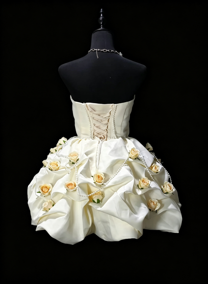 Cute Off White Strapless Satin Pleated A Line Short Graduation Homecoming Dress With 3D Flowers SP3165