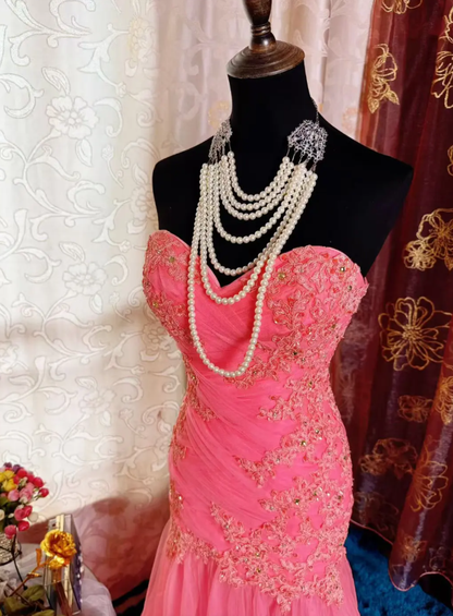 Pretty Pink Strapless Tulle Appliques Beaded Mermaid Long Party Dress Formal Wedding Guest Dress SP1954