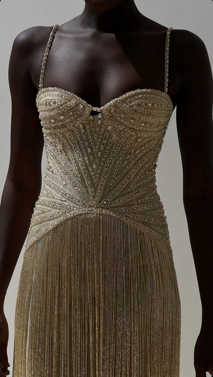 Luxurious Spaghetti Straps Sequin Beaded Gold Long Evening Dress Prom Gown With Tassel  SP792