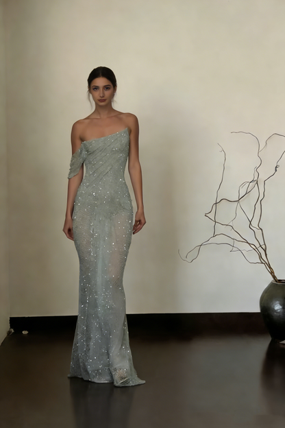 Shiny Blue Tulle Sequin Mermaid Long Party Dress Prom Gown SP1554