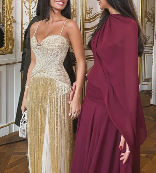 Luxurious Spaghetti Straps Sequin Beaded Tassel Gold Long Evening Dress Prom Gown SP792