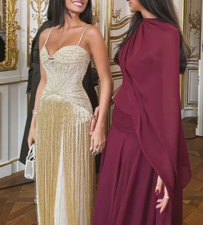 Luxurious Spaghetti Straps Sequin Beaded Gold Long Evening Dress Prom Gown With Tassel  SP792