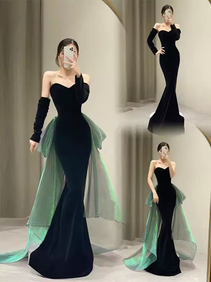 Sexy Mermaid Long Black Velvet Prom Dresses With Sleeves Long Prom Gown Y7286