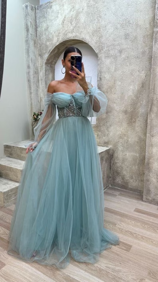 Strapless mint green corset tulle dress,prom dress,evening gown Y4912