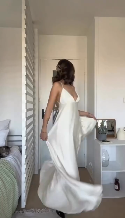 Simple Spaghetti Straps White Backless Satin A Line Bridesmaid Dress Long Wedding Guest Dress SP341