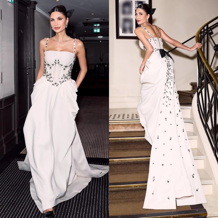 Elegant Spaghetti Straps White Satin Beaded Mermaid Long Party Dress Formal Prom Gown SP361