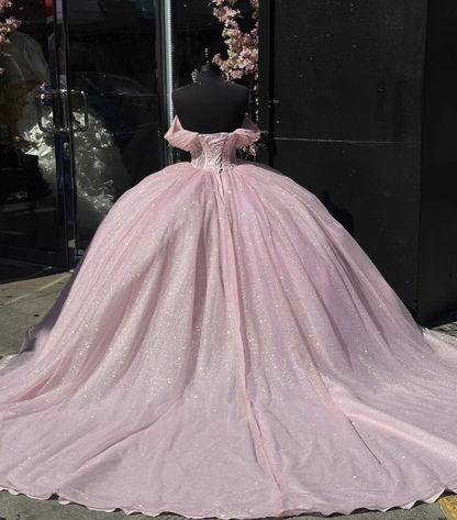 Glitter Off The Shoulder Pink Ball Gown,Pink Sweet 16 Dress,Pink Princess Dress  Y7002