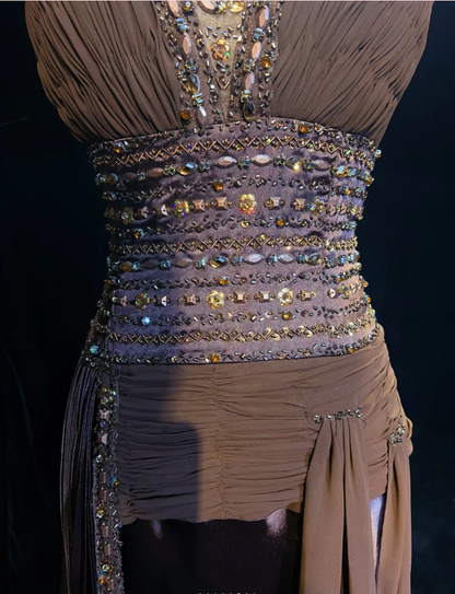 Vintage Brown Satin Chiffon Beaded Mermaid Long Party Dress Birthday Prom Dress SP1860