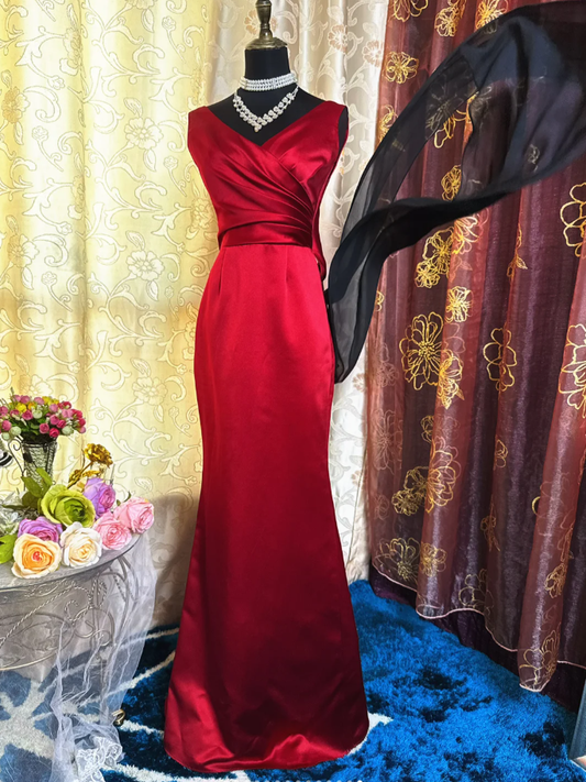 Classy Burgundy V Neck Satin Pleated Mermaid Party Dress Backless Long Birthday Prom Dress SP1949