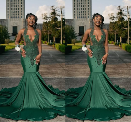 Amazing Long Dark Green Mermaid Sleeveless Beading Prom Dress With Lace Y4233