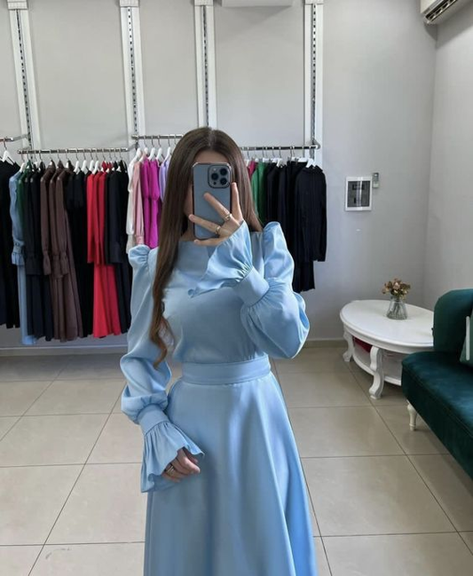 Modest Blue A-line Long Sleeves Prom Dress,Blue Formal Dress Y6204